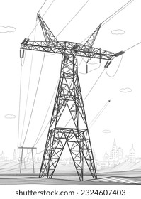 High voltage transmission systems. Electric pole. Power lines. A network of interconnected electrical. Energy pylons. City electricity infrastructure. Gray otlines on white background. Vector design