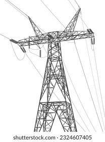 High voltage transmission systems. Electric pole. Power lines. A network of interconnected electrical. Energy pylons. City electricity infrastructure. Gray otlines on white background. Vector design