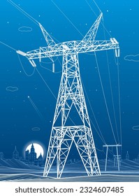 High voltage transmission systems. Electric pole. Power lines. A network of interconnected electrical. Energy pylons. City electricity infrastructure. White otlines on blue background. Vector design