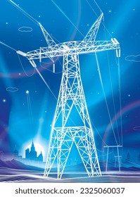 High voltage transmission systems. Electric pole. Neon glow. Energy pylons. Power lines. A network of interconnected electrical. White otlines on blue background. Vector design illustration