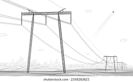 High voltage transmission systems. Electric pole. Power lines. A network of interconnected electrical. Energy pylons. City electricity infrastructure. Gray otlines on white background. Vector design