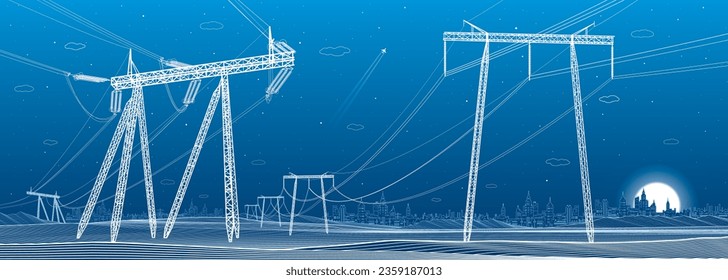 High voltage transmission systems. Electric pole. Power lines. A network of interconnected electrical. Energy pylons. City electricity infrastructure. White otlines on blue background. Vector design