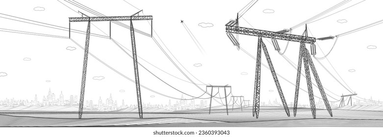 High voltage transmission systems. Electric pole. Power lines. A network of interconnected electrical. Energy pylons. City electricity infrastructure. Gray otlines on white background. Vector design