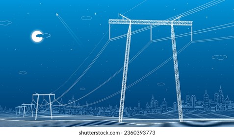 High voltage transmission systems. Electric pole. Power lines. A network of interconnected electrical. Energy pylons. City electricity infrastructure. White otlines on blue background. Vector design