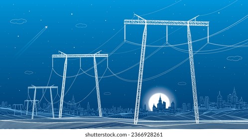 Hochspannungsübertragungssysteme. Elektrischer Pol. Stromleitungen. Ein Netz von miteinander verbundenen elektrischen Geräten. Energiepylons. städtische Elektrizitätsinfrastruktur. Weiße Otlines auf blauem Hintergrund. Vektordesign
