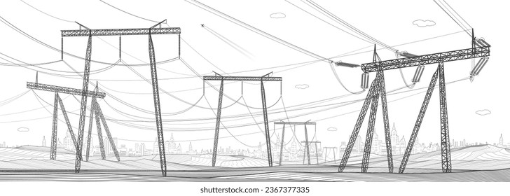 High voltage transmission systems. Electric pole. Power lines. A network of interconnected electrical. Energy pylons. City electricity infrastructure. Gray otlines on white background. Vector design