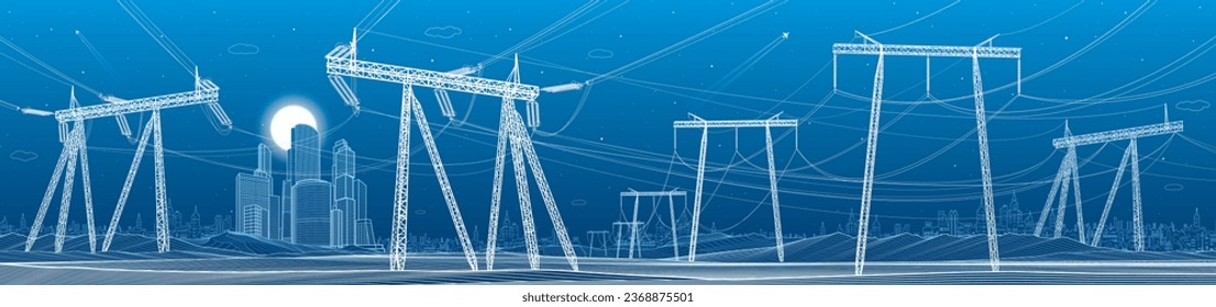 Sistemas de transmisión de alta tensión. Poste eléctrico. Líneas eléctricas. Una red de electricidad interconectada. Pilones de energía. Infraestructura eléctrica urbana. Líneas blancas de fondo azul. Diseño de vectores