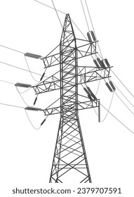 High voltage transmission systems. Electric pole. Power lines. A network of interconnected electrical. Energy pylons. City electricity infrastructure. Gray otlines on white background. Vector design