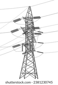 Hochspannungsübertragungssysteme. Elektrischer Pol. Stromleitungen. Ein Netz von miteinander verbundenen elektrischen Geräten. Energiepylons. städtische Elektrizitätsinfrastruktur. Graue Linien auf weißem Hintergrund. Vektordesign