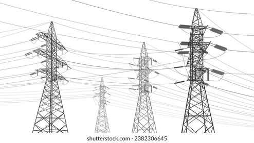 High voltage transmission systems. Electric pole. Power lines. A network of interconnected electrical. Energy pylons. City electricity infrastructure. Gray otlines on white background. Vector design