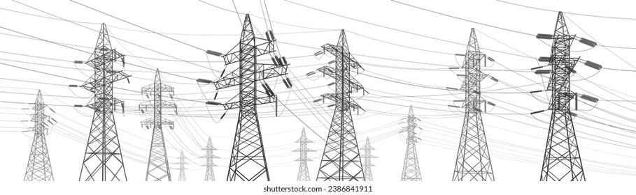 High voltage transmission systems. Electric pole. Power lines. A network of interconnected electrical. Energy pylons. City electricity infrastructure. Gray otlines on white background. Vector design