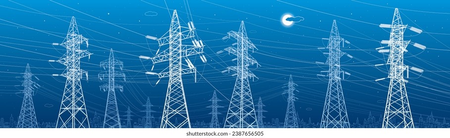 High voltage transmission systems. Electric pole. Power lines. A network of interconnected electrical. Energy pylons. City electricity infrastructure. White otlines on blue background. Vector design