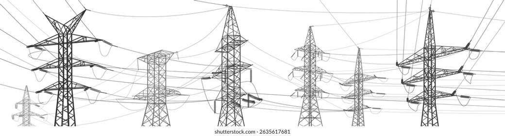 High voltage transmission systems. Electric pole. Power lines. Energy pylons. Black outlines image. A network of interconnected electrical. Vector design illustration