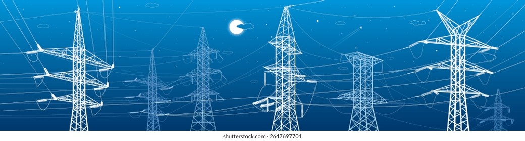 High voltage transmission systems. Electric pole. Power lines. Energy pylons. White outlines image on blue background. A network of interconnected electrical. Vector design illustration