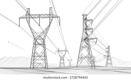 High voltage transmission systems. Electric pole. Power lines. Energy pylons. Black outlines image on mountain background. A network of interconnected electrical. Vector design illustration
