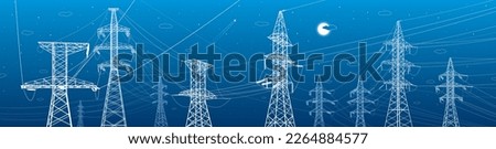 High voltage transmission systems. Electric pole. Power lines. A network of interconnected electrical. Energy pylons. City electricity infrastructure. White otlines on blue background. Vector design