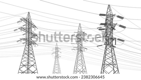 High voltage transmission systems. Electric pole. Power lines. A network of interconnected electrical. Energy pylons. City electricity infrastructure. Gray otlines on white background. Vector design