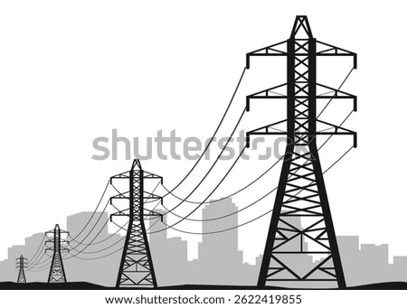 High voltage transmission systems. Electric pole. Power lines. Energy pylons. A network of interconnected electrical. Stock illustration