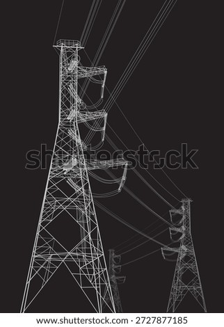 High voltage transmission systems. Electric pole. Power lines. Energy pylons. White outlines image on black background. A network of interconnected electrical. Vector design illustration