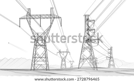 High voltage transmission systems. Electric pole. Power lines. Energy pylons. Black outlines image on mountain background. A network of interconnected electrical. Vector design illustration