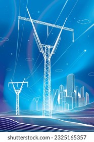 Hochspannungsübertragungssysteme. Stromleitungen. Nachtlicht Stadt. Neonleuchten Landschaft. Business-Center auf dem Hintergrund. Weiße Umrisse auf blauem Hintergrund. Vektordesign-Kunst