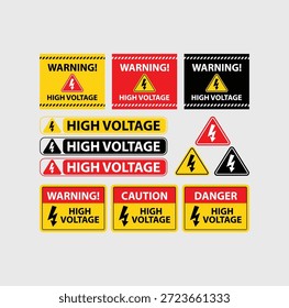 Aviso de alta tensão, cuidado e etiquetas de perigo com ícones de raio são organizados em vários projetos em um fundo de luz, criado para sinalização de segurança elétrica, uso industrial, treinamento e comunicação no local de trabalho.
