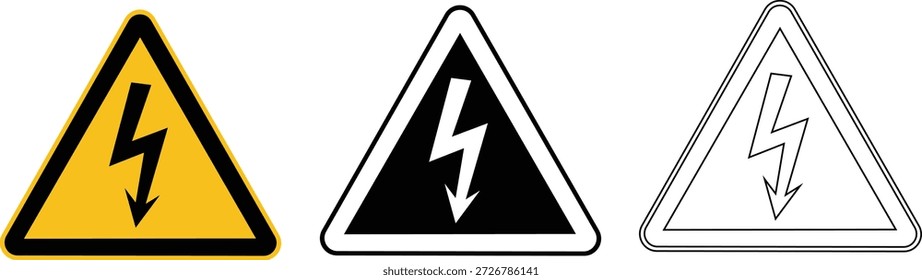 High Voltage Warning Sign Icon Set Vector – Electric Hazard Triangle Symbols in Yellow, Black and Outline