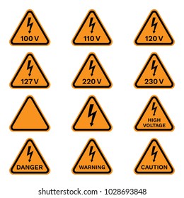 HIGH VOLTAGE warning sign on yellow triangle. Icon set. Vector.