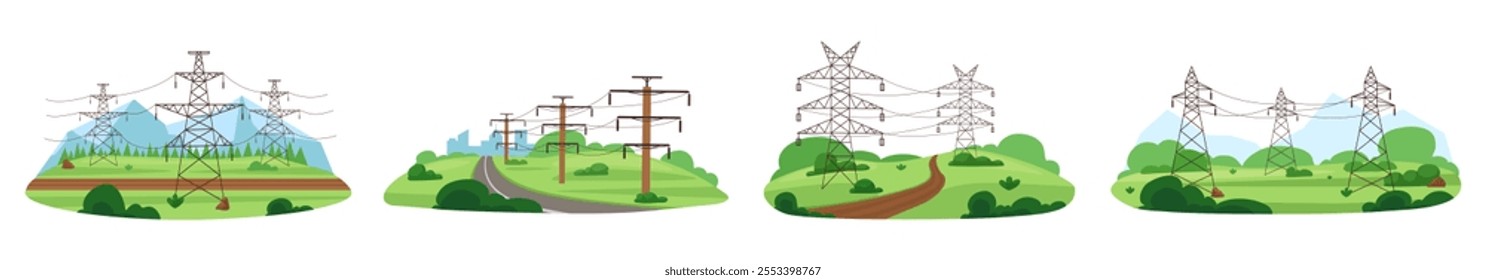 High voltage wires on nature and in forest. Electric power for city or village. Energy distribution transmission, powerlines nowaday vector scenes