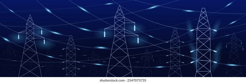 High voltage wires. Power transmission and distribution system background. Urban modern electricity network with pylons, nowaday vector banner