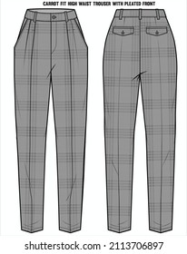 HIGH WAIST CARROT FIT BOTTOM WITH PLEATED FRONT IN GRAY CKECK FOR WOMEN CORPORATE WEAR IN EDITABLE VECTOR FILE