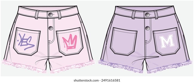 HIGH WAIST DENIM JEANS SHORTS WITH FRONT PATCH POCKET DETAIL DESIGNED FOR TEEN GIRLS AND KID GIRLS IN VECTOR FILE