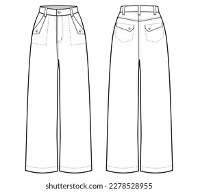 High Waist Denim Wide Leg Jeans with detailed pockets design. flat technical drawing template. Denim jeans technical fashion Illustration, front and back view, white, CAD mockup.