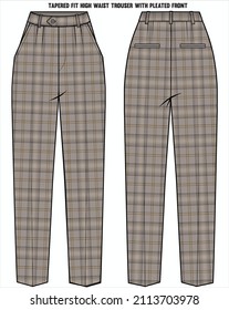 HIGH WAIST FRONT PLEATED TAPERED FIT HERITAGE CHECK BOTTOM FOR WOMEN CORPORATE WEAR IN EDITABLE VECTOR FILE