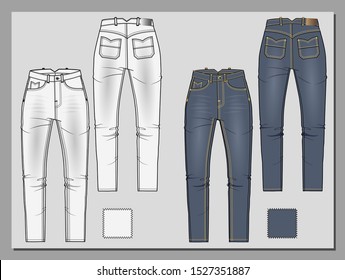 High waist jeans. Denim skinny jeans. Dark blue wash. Fashion flat illustration. Jeans template. 