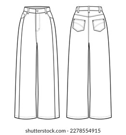 High Waist Loose Denim Wide Leg Jeans Pants modifiziert flache technische Zeichnungsvorlage. Jeans High-Taille, Gepäckige gerade fit, Frauen, Männer, Front-View, Rückansicht, Weiß, CAD-Mock-Up.