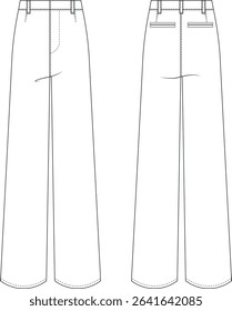 high waisted rise tillored darted wide lwg pant trouser template technical drawing flat sketch cad mockup fashion woman design style model 