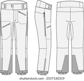 Pantalones de nieve de cintura alta Ilustración de moda técnica Maqueta de fondos de invierno Plantilla para diseño y paquetes tecnológicos con vistas frontales, laterales y traseras