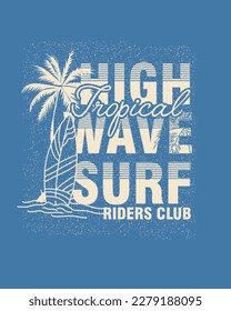 High Wave Surf Typography Summer Beach surf board palm tree lettering font graphic design vector