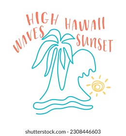 High waves and hawaii sunset palm tree, Graphic design print t-shirts fashion, illustration, vector, posters, cards, stickers, mug