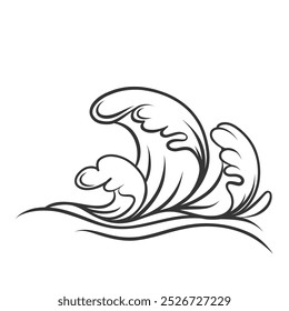 High waves icon, doodle curly sea storms. Retro simple ocean surf with water splashes and foam on edge. Wild nature flow mascot, hand drawn strong winds and waves contour icon vector illustration