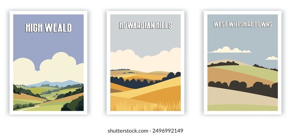 High Weald, Howardian Hills, West Wiltshire Downs Illustration Art. Travel Poster Wall Art. Minimalist Vector art