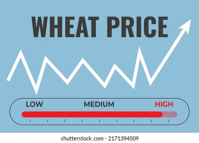 Alto precio de trigo, texto, indicador, flecha. Concepto de economía mundial