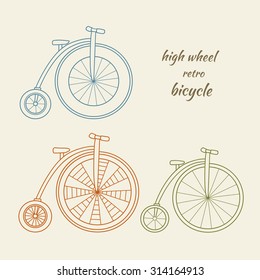 High wheel retro bicycle postcard illustration.