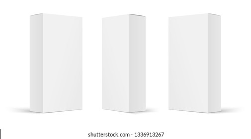 High white cardboard box mock up. Set of cosmetic or medical packaging. Set of  Blank white product packagings boxes isolated.  Vector illustration