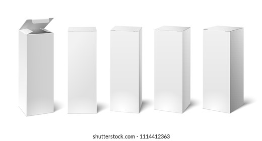 High white cardboard box mockup. Set of realistic vertical tall cardboard rectangular cosmetic or medical packaging, paper boxes. Vector 3D illustration isolated collection