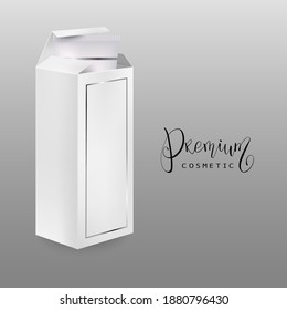 High white cardboard box mockup. Set of realistic vertical tall cardboard rectangular cosmetic or medical packaging, paper boxes. Vector 3D illustration. Health Care and Medical.