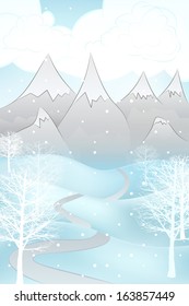 high winter landscape scene with snowy mountains and broad leaf trees vector illustration