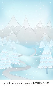 high winter mountain landscape with snowy trees and road at snowfall vector illustration