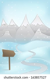 high winter mountain scene with road adn pointer at snowfall vector illustration